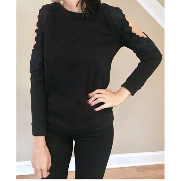 Loft Sz S Black Lace Embroidered Cold Shoulder Light Sweatshirt Top Blouse Women - Picture 11 of 12
